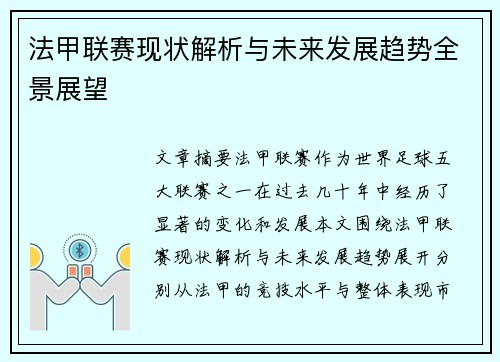 法甲联赛现状解析与未来发展趋势全景展望