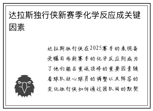 达拉斯独行侠新赛季化学反应成关键因素